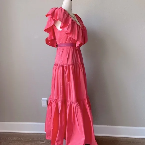 Ruffled Tiered Coral Pink Taffeta H&M DRESS -NWT princess flowy - Picture 7 of 14